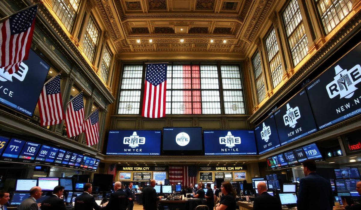 New York Stock Exchange trading floor interior with American flags and electronic boards