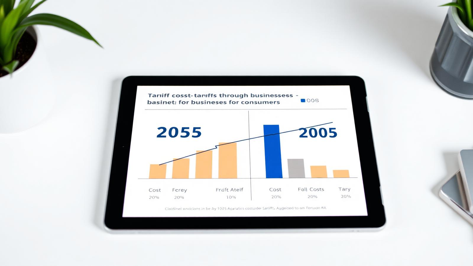 Tablet displaying chart visualization of tariff cost pass through from US businesses to consumers 2025 versus 2026 economy data infographic