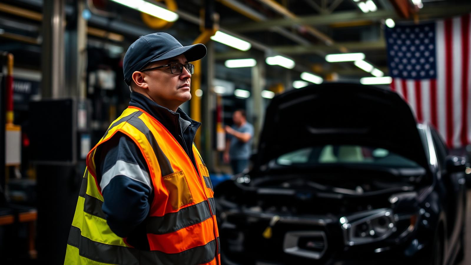 American factory worker in safety vest on automotive assembly line with US flag representing manufacturing reshoring debate one year after Liberation Day tariffs in 2026