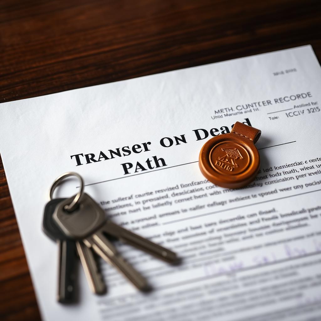 Close photograph of an American county recorder document titled Transfer on Death Deed on a dark wood table alongside a set of house keys and a stamped seal representing the actual filing that transfers real estate outside probate