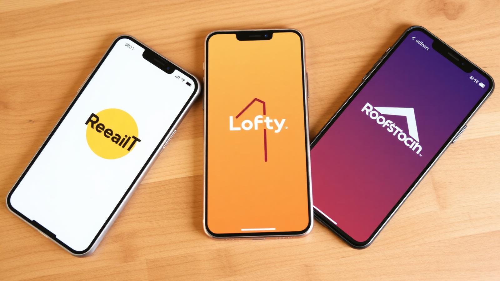 Three smartphones showing RealT, Lofty, and Roofstock tokenized real estate platforms