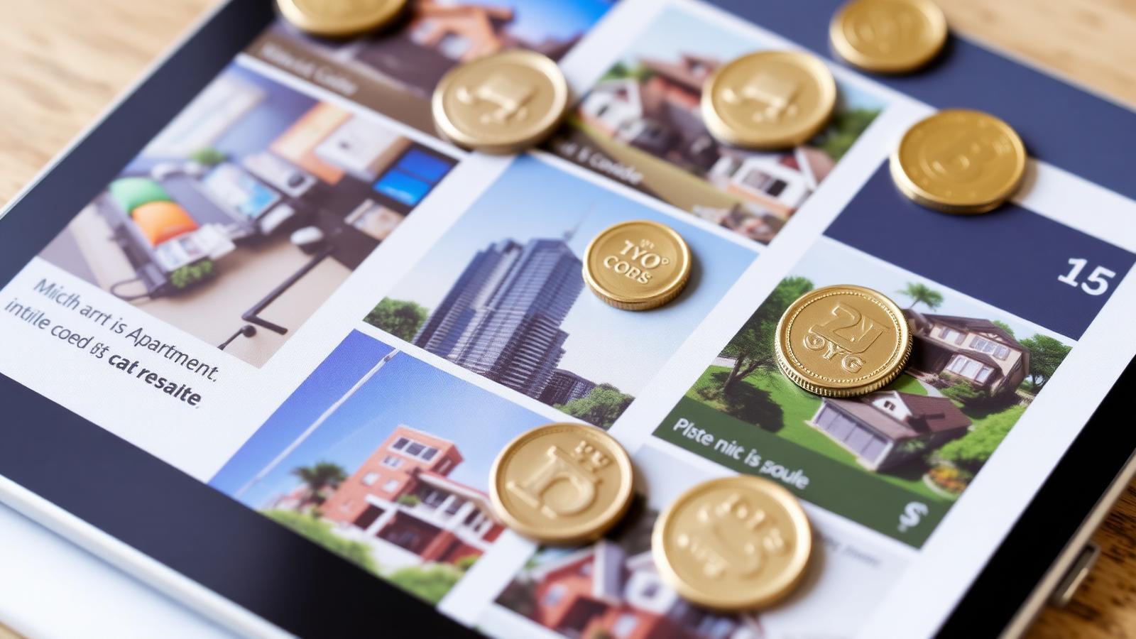 Tokenized real estate property listings on a tablet showing apartments, condos, suburban houses with token prices