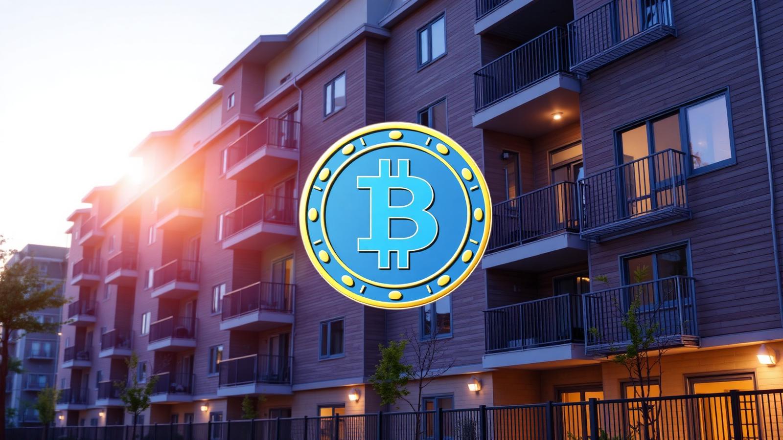 Multifamily rental property exterior with a fractional rent token graphic overlay