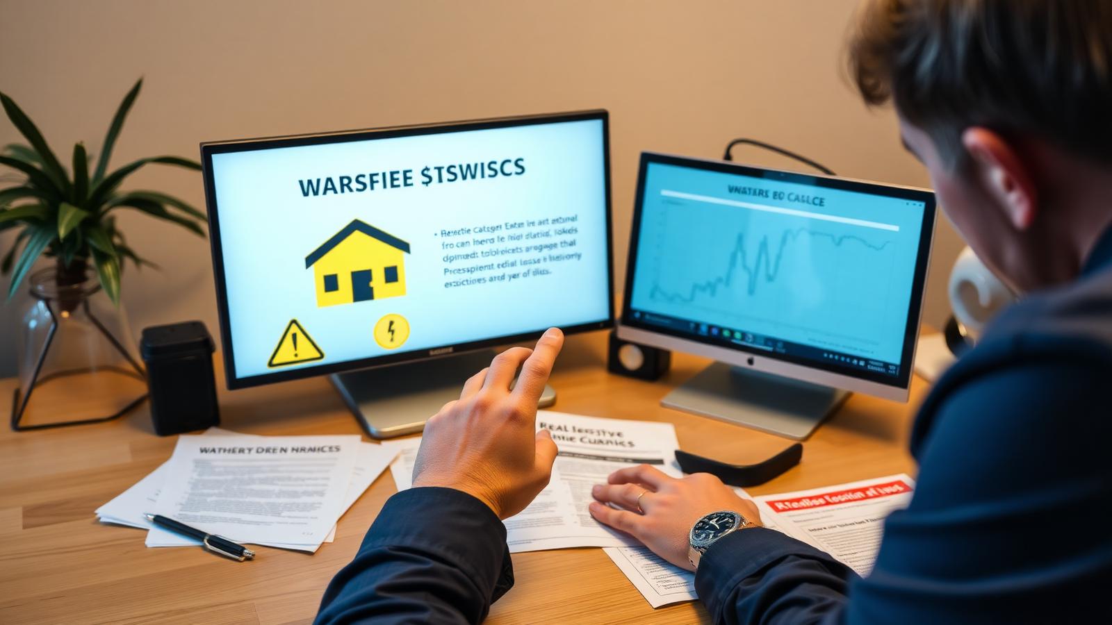 Investor reviewing real estate token risks on a screen with warning icons and SEC documents