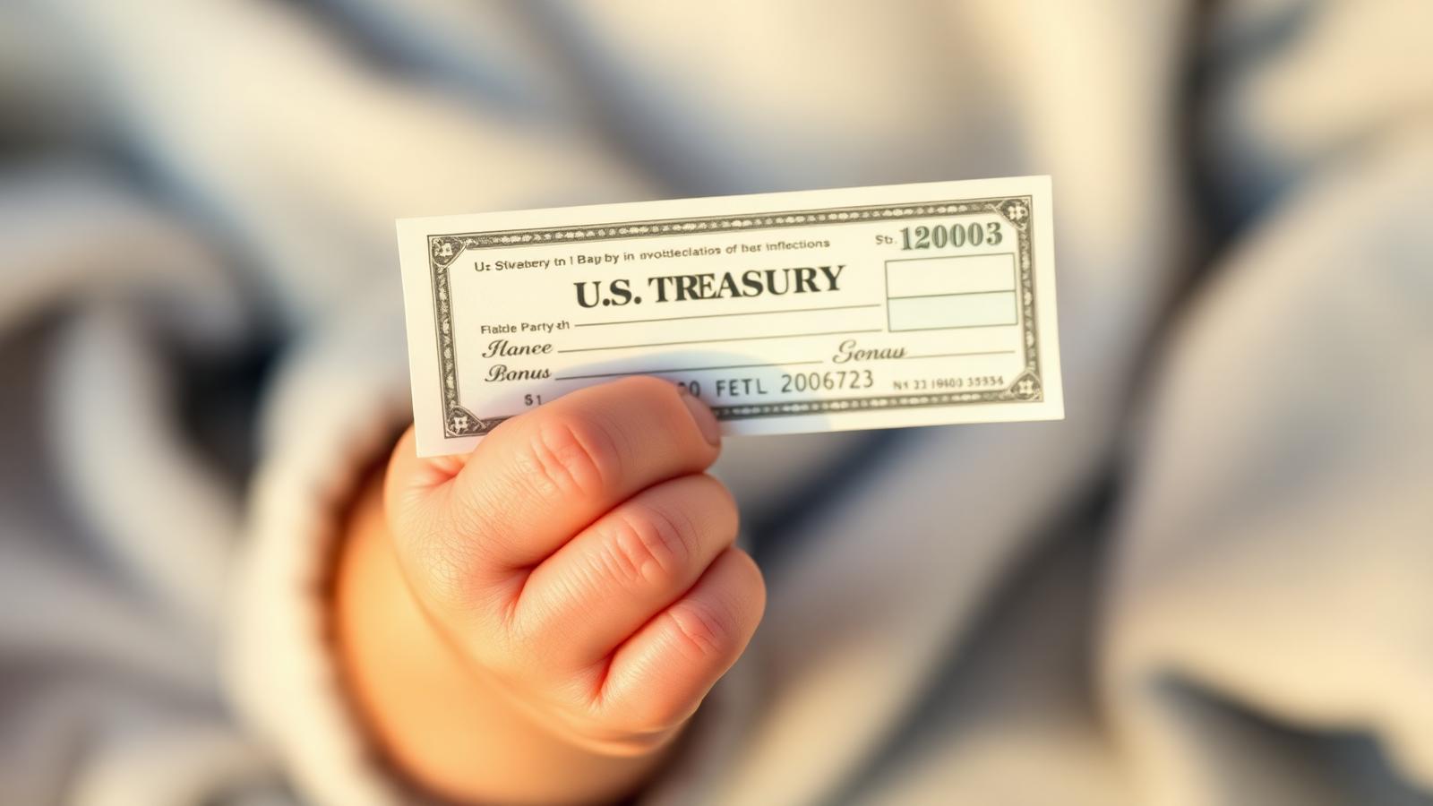 Newborn American baby's hand holding US Treasury check representing the $1,000 federal Trump Account baby bonus seed deposit
