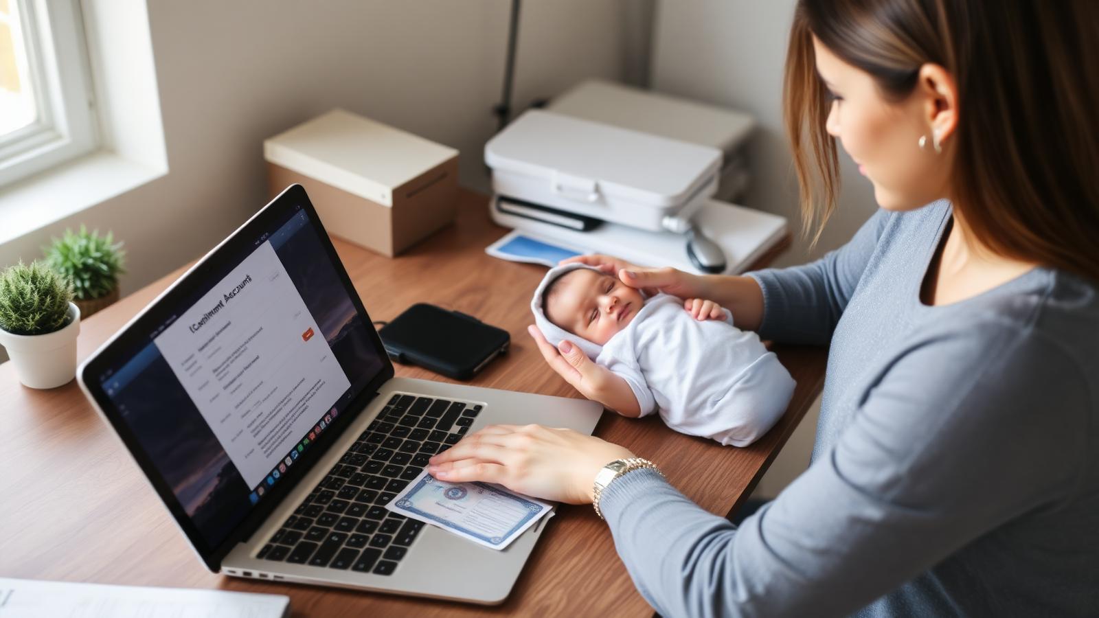 Mother at laptop opening federal Trump Account online for newborn baby with birth certificate and Social Security card on desk in 2026