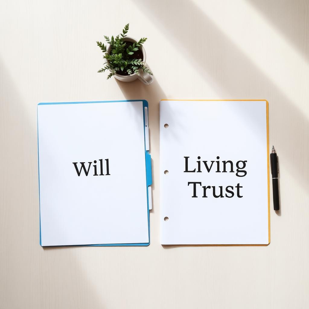 Overhead flat lay showing two folders on a light wood surface labeled Will and Living Trust with a small houseplant and coffee cup representing the two document types every US household should compare side by side