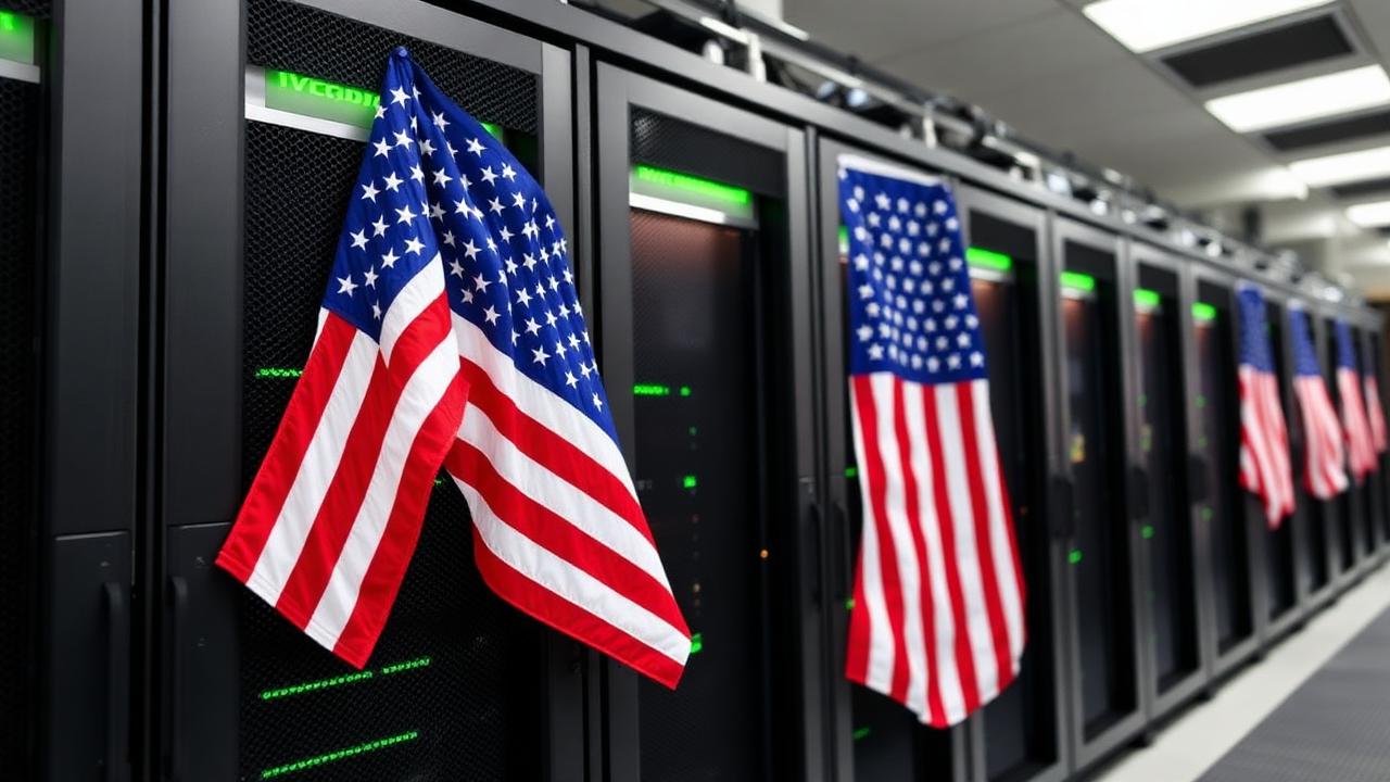 NVIDIA Microsoft data center server rack with US flags representing US technology powering 2026 UAE sovereign AI government build out under export controls