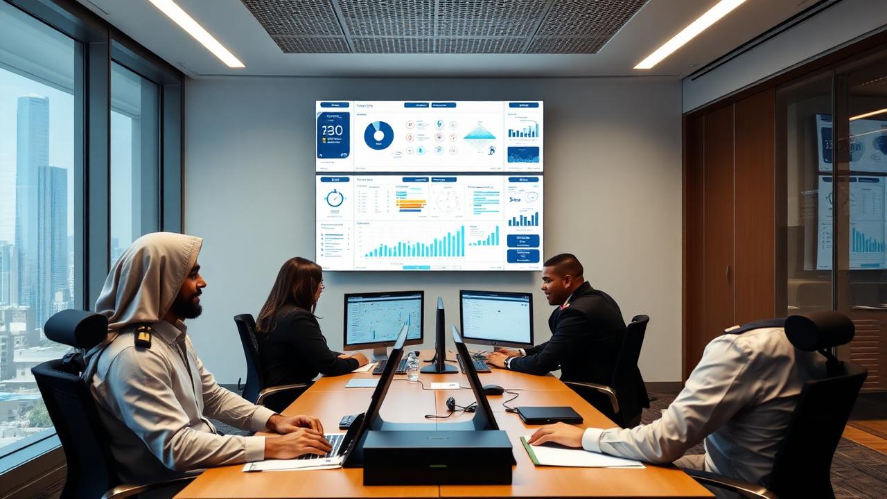 Modern UAE government office in Dubai with civil servants using AI dashboards for legislative drafting public services and court case management 2026 sovereign AI deployment