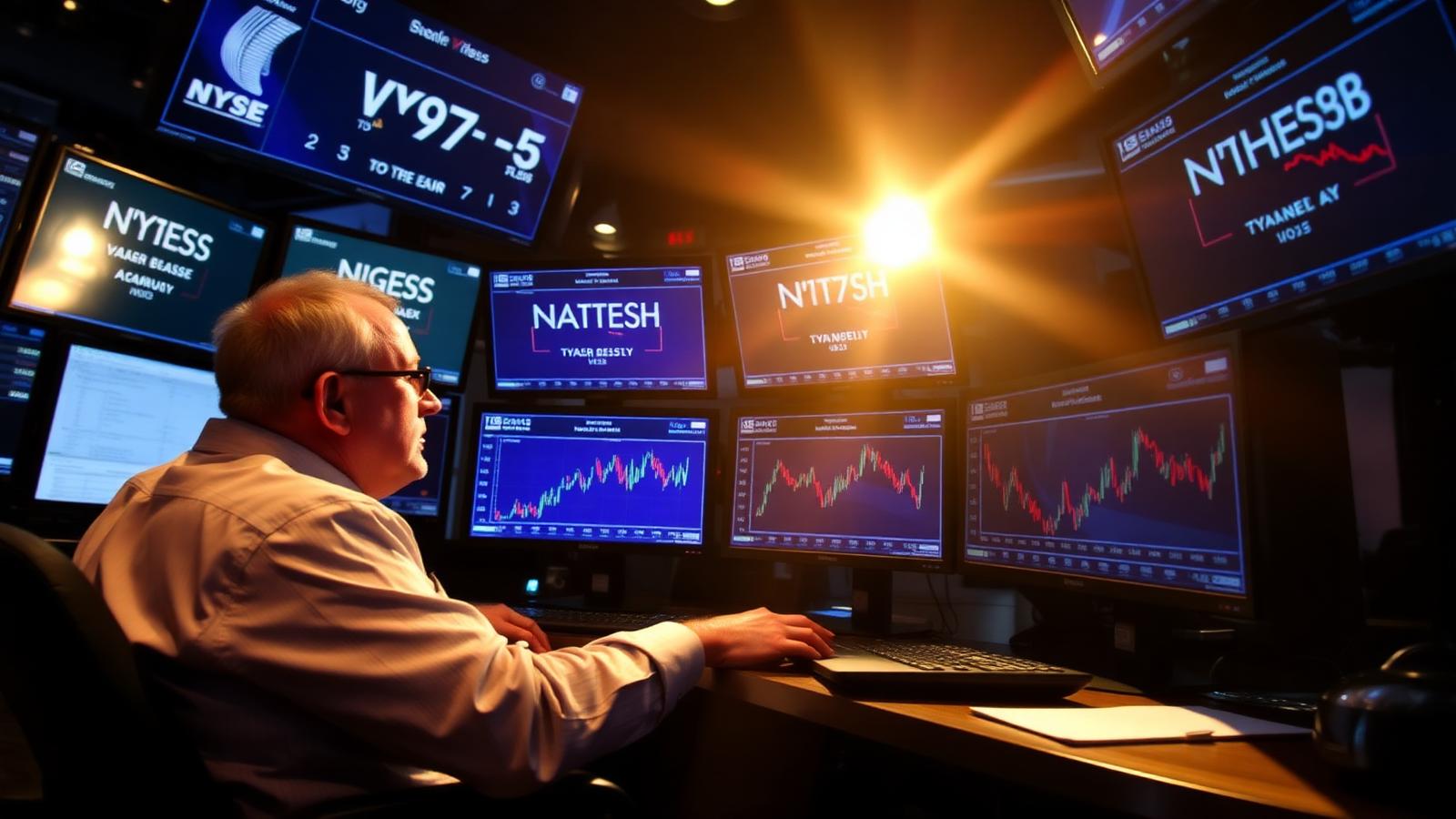 Bond trader at multi-monitor desk reacting to Federal Reserve announcement with US 10-year Treasury yield charts visible during the May 2026 Warsh confirmation news