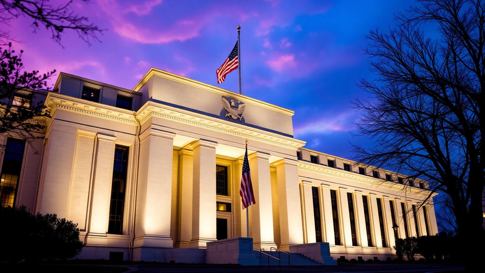 The Federal Reserve Eccles Building in Washington DC at dusk with American flag illuminated, representing the May 2026 transition of leadership at the central bank