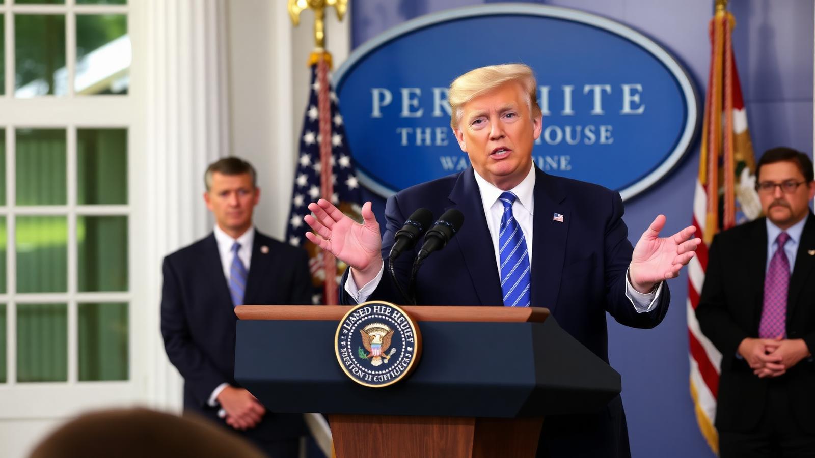 President Donald Trump at the White House podium discussing the Federal Reserve nominee Kevin Warsh during the May 2026 confirmation period