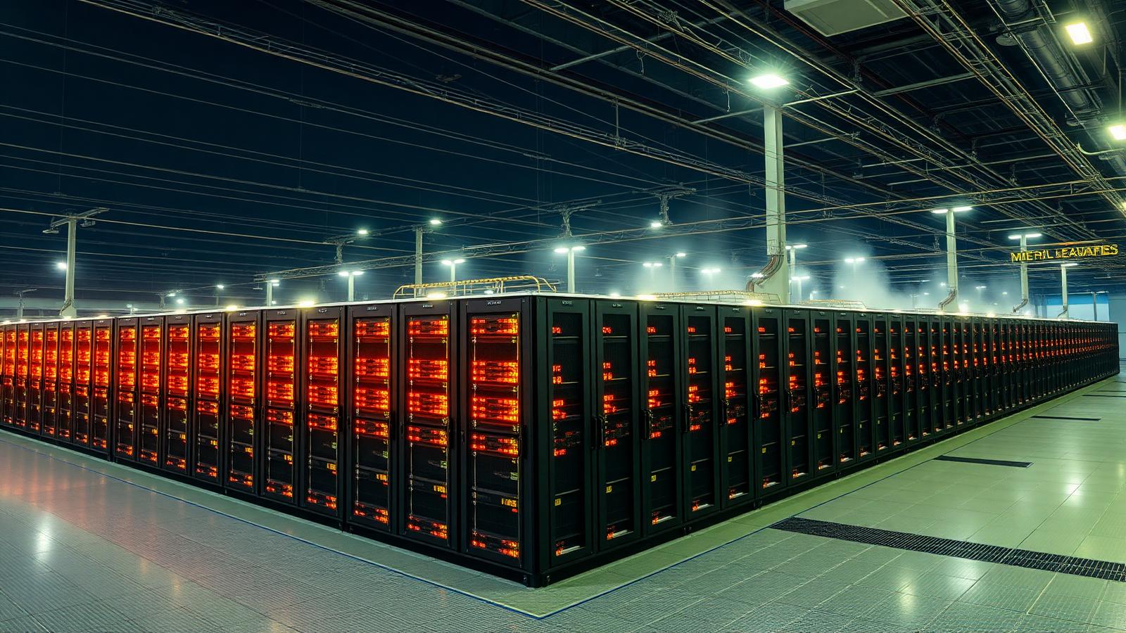 Massive Amazon AWS hyperscale data center at night with power grid representing the X-Energy small modular reactor offtake agreement to power AI workloads with carbon-free nuclear energy