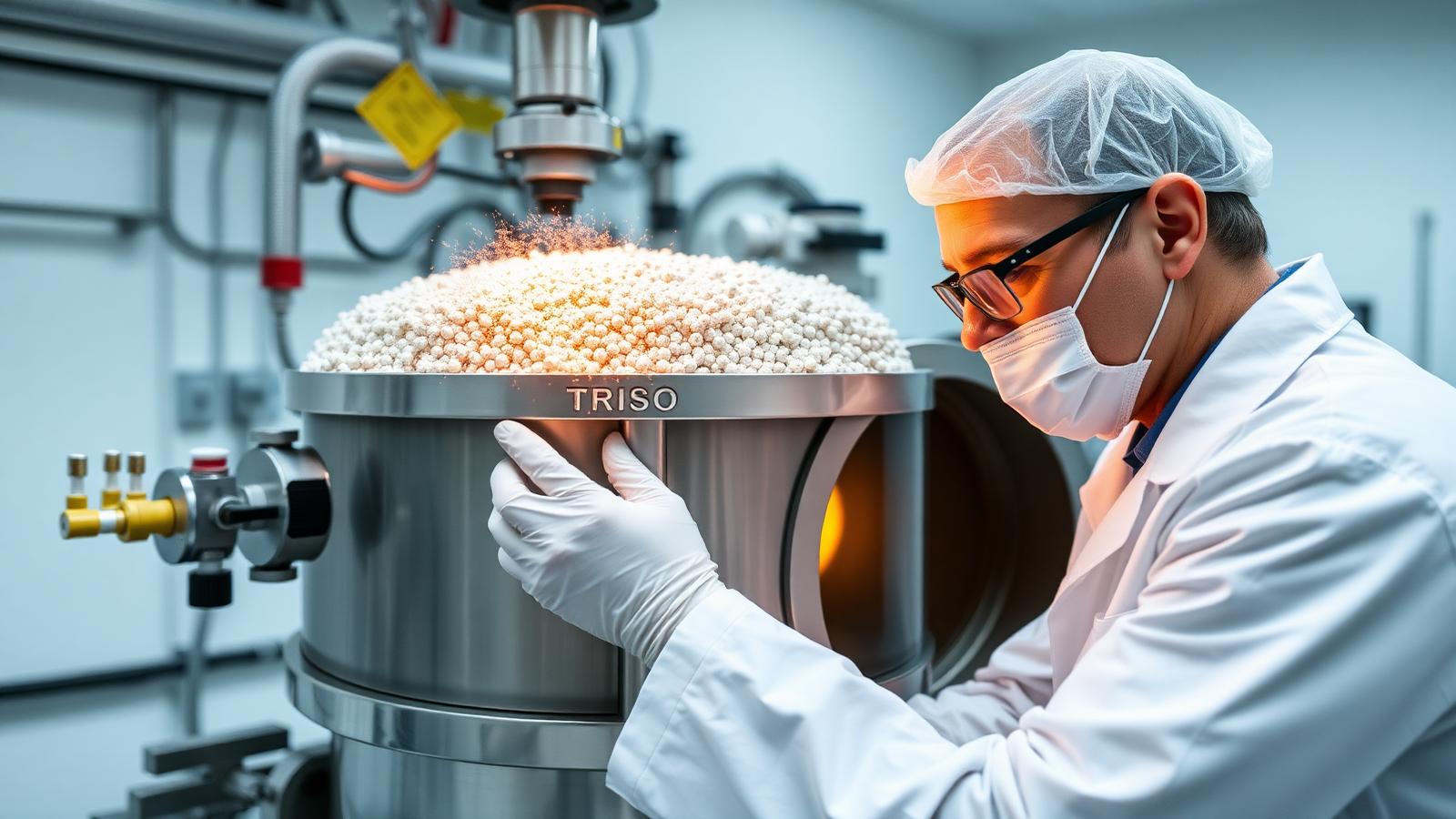Engineer in cleanroom inspecting TRISO nuclear fuel particles at X-Energy TRISO-X fuel fabrication facility in Oak Ridge Tennessee for advanced small modular reactor