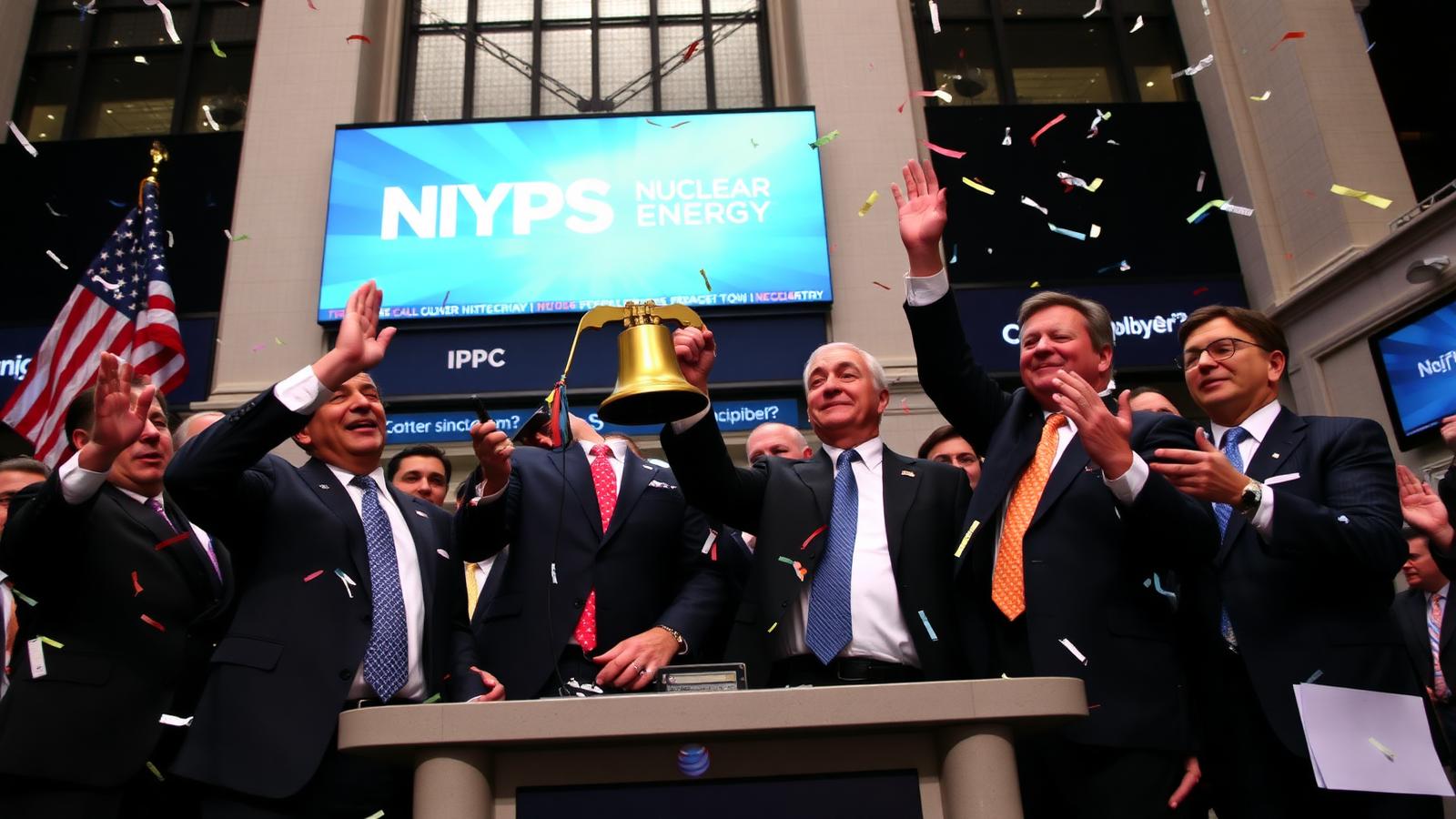 Executives ringing NYSE opening bell at X-Energy nuclear IPO ceremony with confetti symbolizing 2026 small modular reactor public market debut