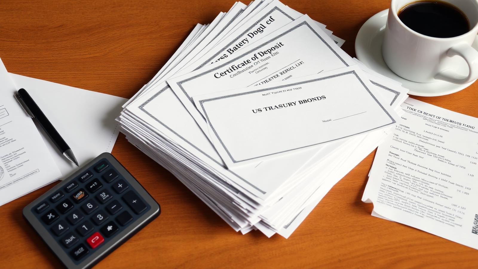 Stack of certificate of deposit CD paperwork and US Treasury bonds with calculator on wooden desk representing fixed income savings options in May 2026
