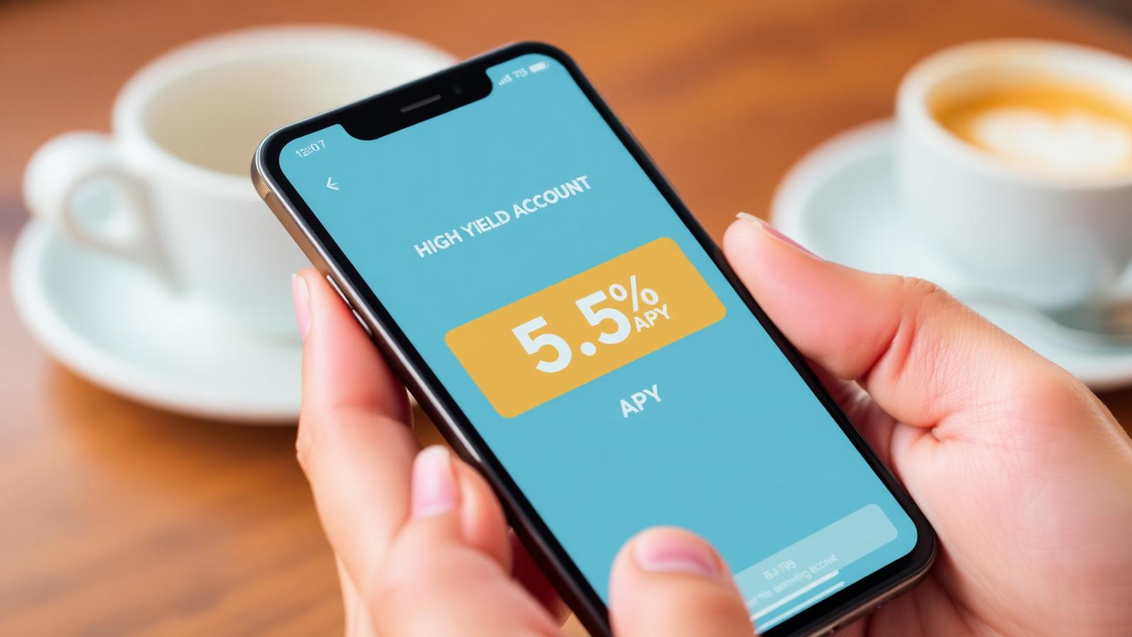 Smartphone screen showing high yield savings account paying 5.5 percent APY in mobile fintech app interface during May 2026