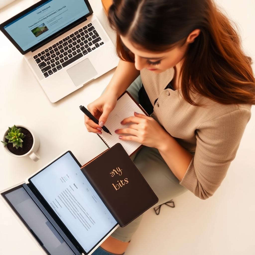 Young American millennial woman writing plans in a leather notebook alongside a laptop showing a generic estate planning checklist interface and a small potted plant on a light desk representing the accessible modern process of creating a first estate plan